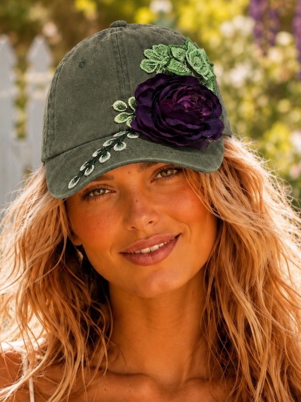 Hand embellished olive green distressed baseball cap featuring a dramatic